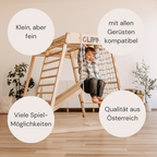 CLIFF Holztrapez mit Kind am Klettergerüst und Hinweisen zu Spielmöglichkeiten und Qualität