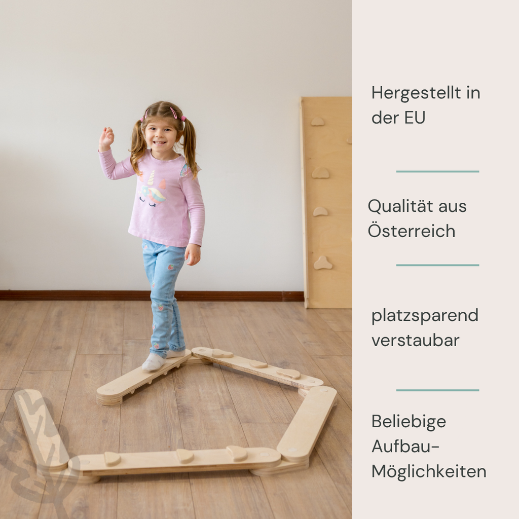 CLIFF Balance Balancebalken mit Kind und Hinweisen zu EU-Produktion und flexiblen Aufbau-Möglichkeiten