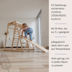 CLIFF Compact Klettergerüst aus Holz mit Rutsche und Trapez mit Kind und hinweisen zu EU Richtlinien