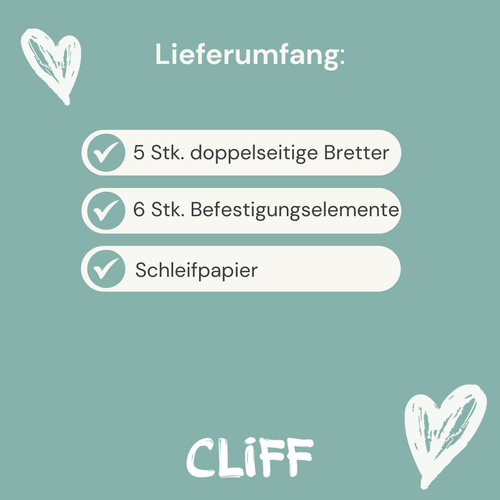 Lieferumfang des CLIFF Balance Balancebalkens mit Balancierbrettern, Verbindungselementen und Schleifpapier