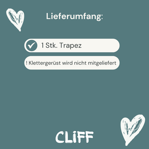 Lieferumfang des CLIFF Holztrapezes mit Hinweis, dass das Klettergerüst nicht mitgeliefert wird