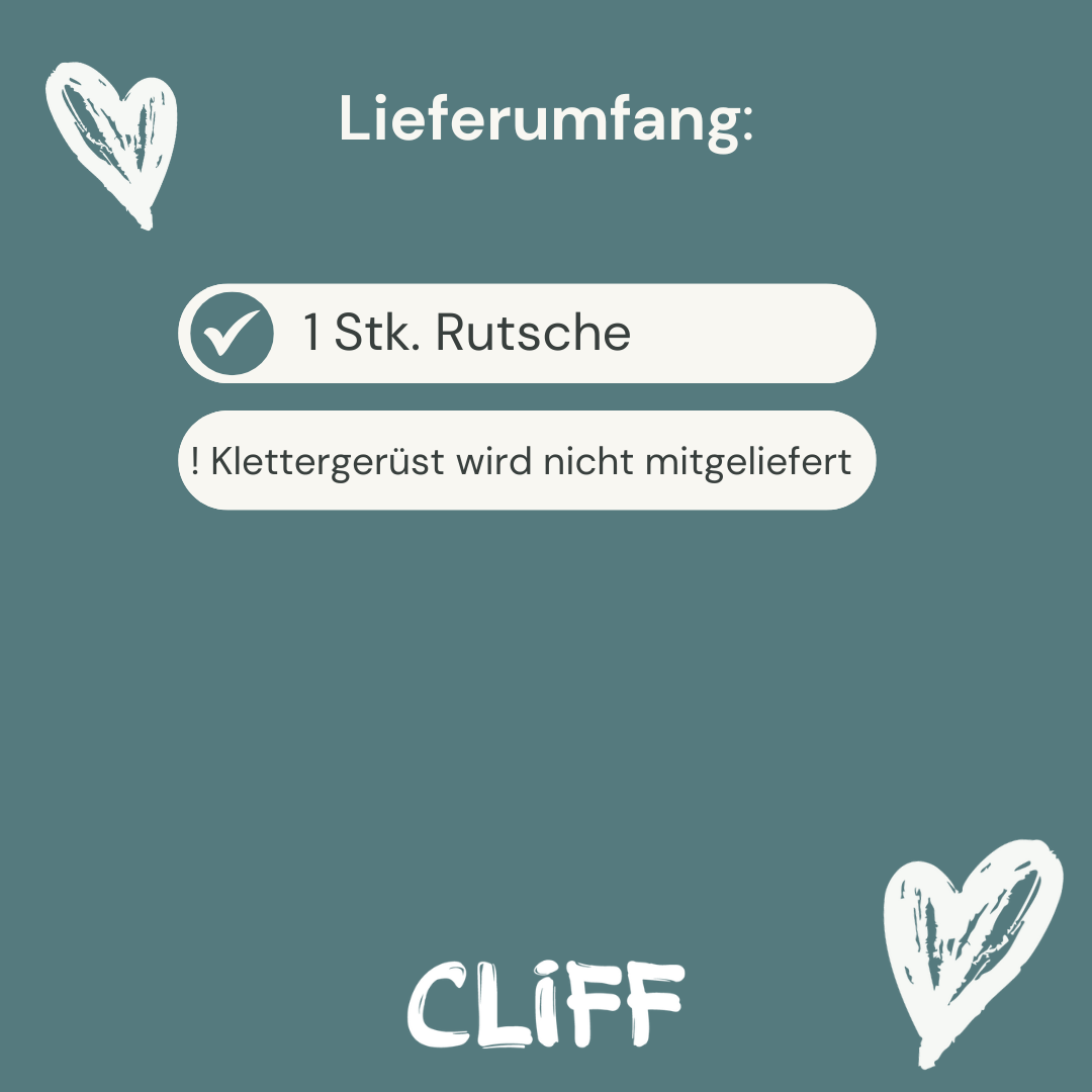 Lieferumfang der CLIFF Rutschrampe mit Hinweis, dass das Klettergerüst nicht mitgeliefert wird