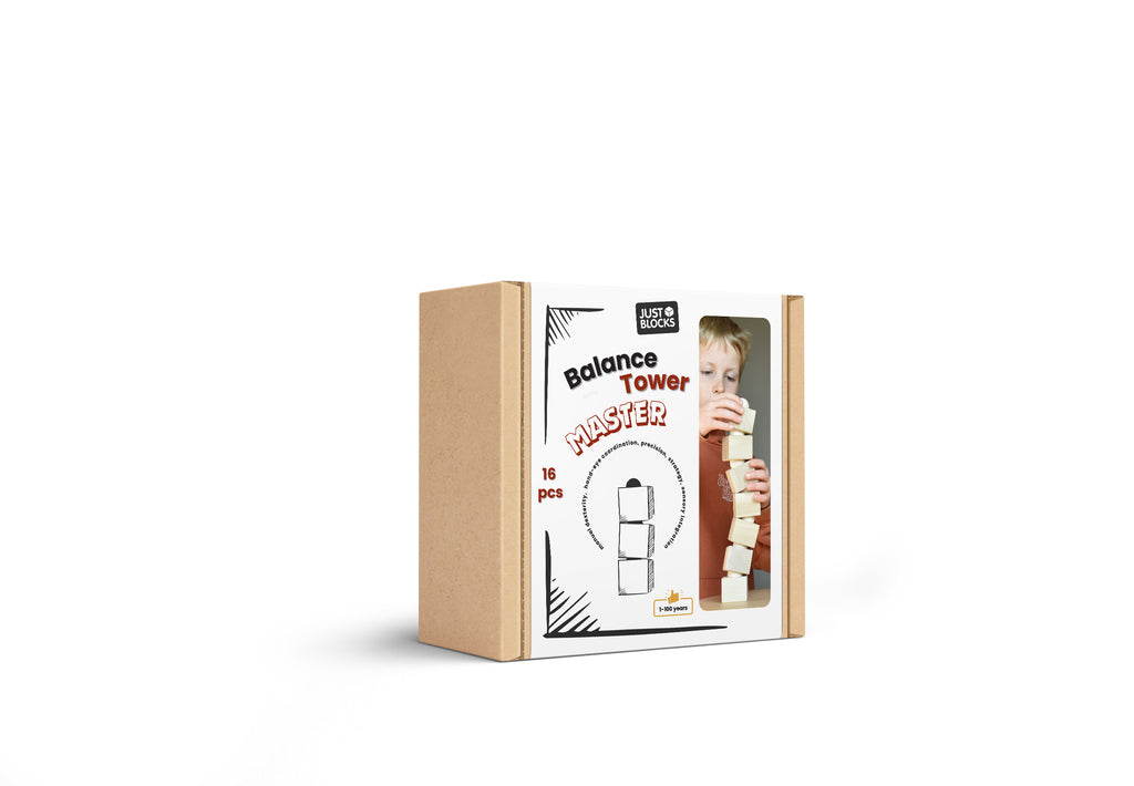 Just Blocks Balance Tower Master 16-teiliges Holz-Balancespiel in Originalverpackung