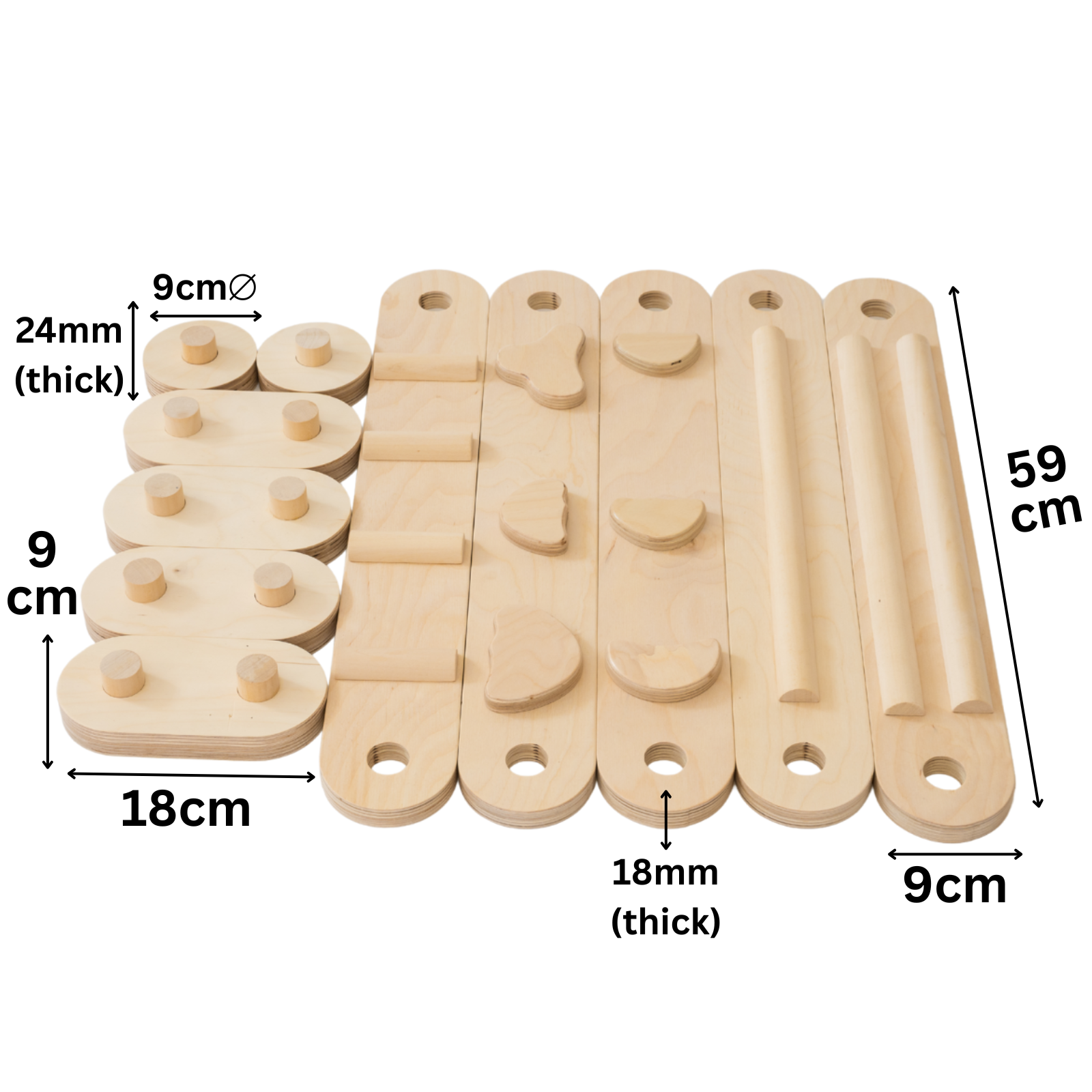 Masse des CLIFF Balance Balancebalkens mit Balancierbrettern und Verbindungselementen