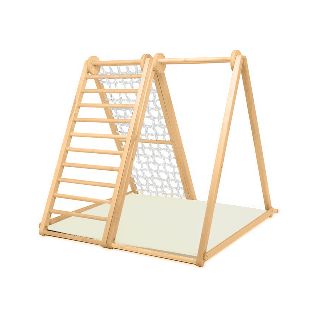 CLIFF FLEX White Edition klappbares Indoor-Klettergerüst aus Holz mit weissem Kletterseil und beiger Premium-Matte