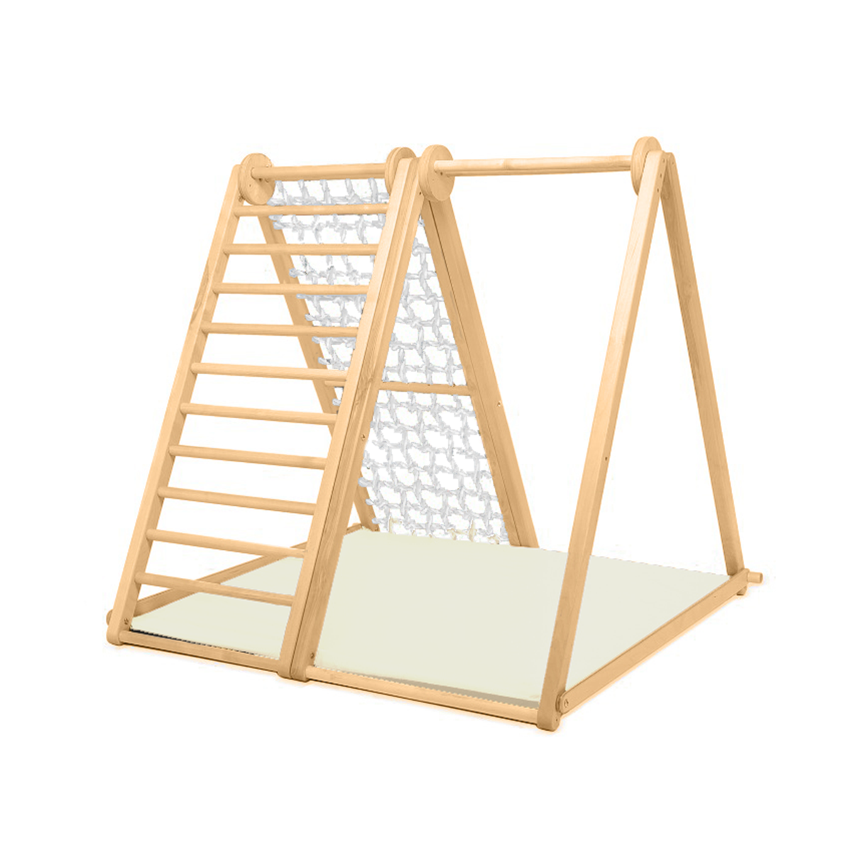 CLIFF FLEX White Edition klappbares Indoor-Klettergerüst aus Holz mit weissem Kletterseil und beiger Premium-Matte