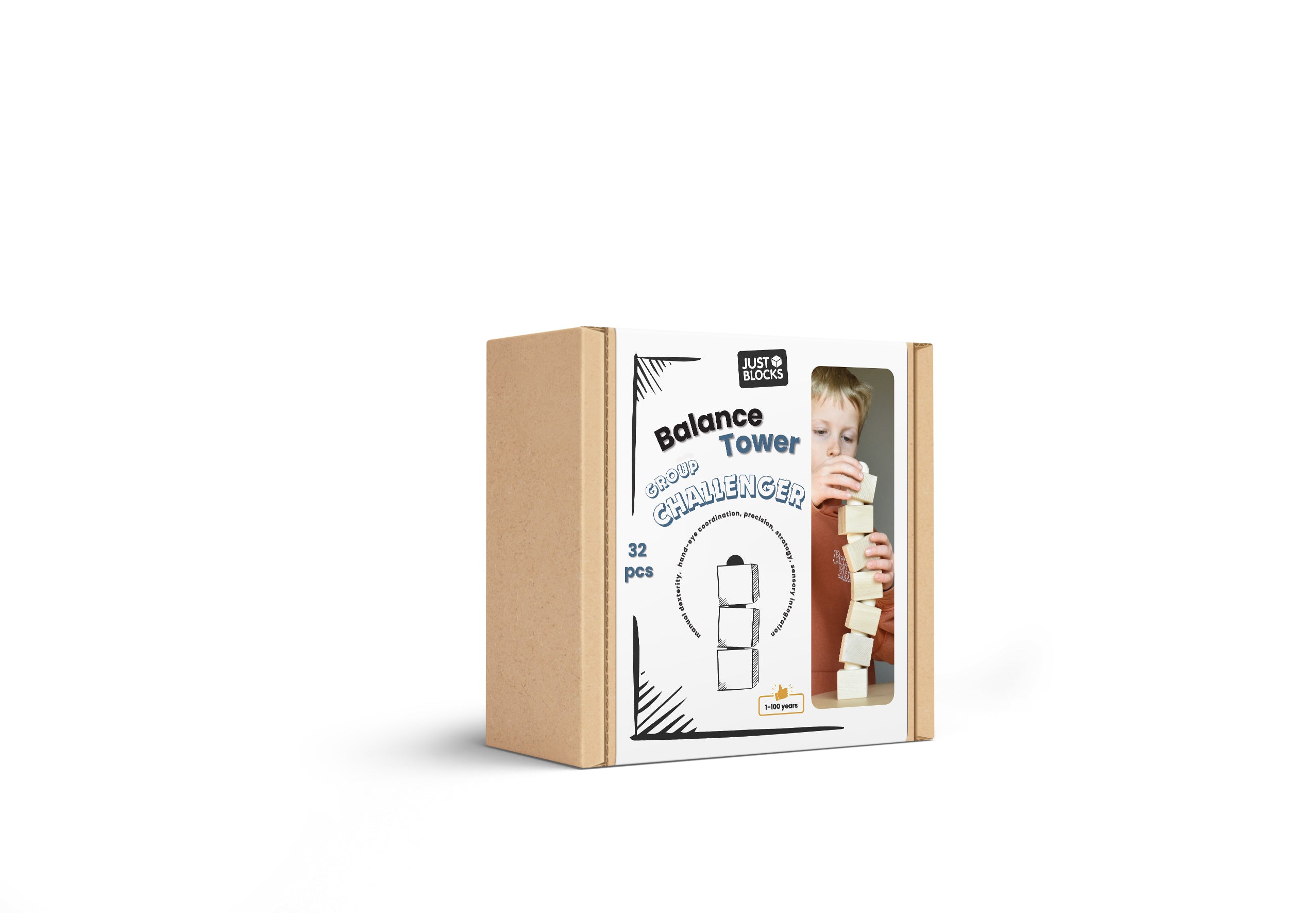 Just Blocks Balance Tower Group Challenger 32-teiliges Holz-Balancespiel in Originalverpackung