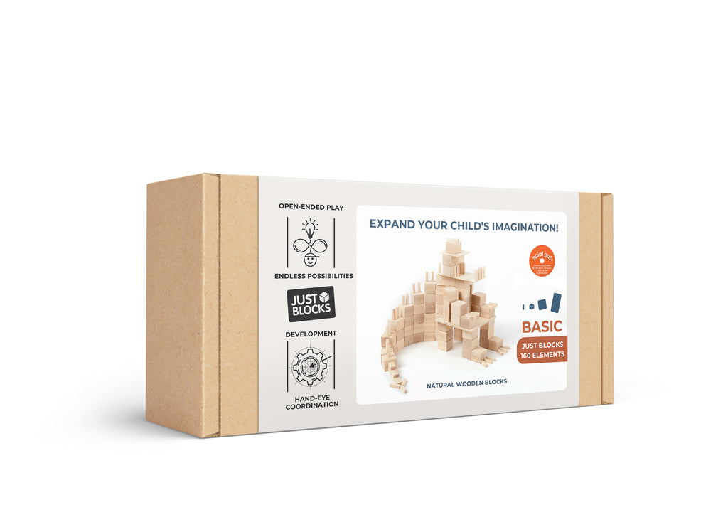 Just Blocks BASIC Medium 160-teiliges Holz-Lernsystem in Originalverpackung