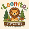 Leonito.ch Logo mit Löwe, Waldmotiv und dem Schriftzug Play & Learn – back to the woods