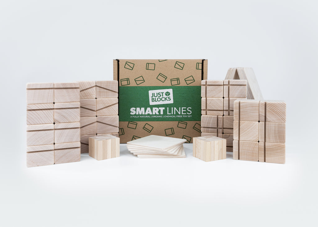 Just Blocks Smart Lines 92-teiliges Holz-Lernsystem mit Verpackung und Holzelementen