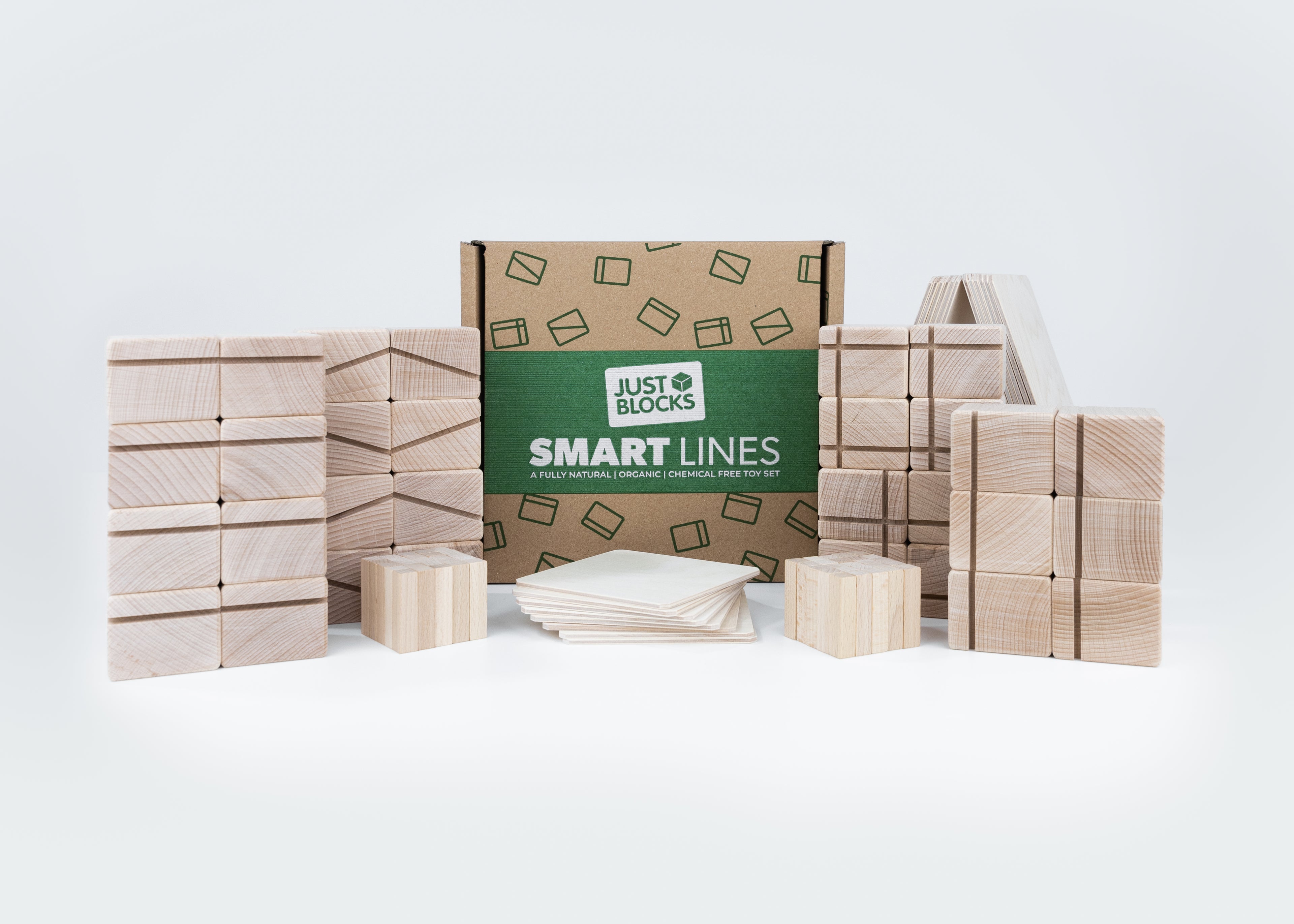 Just Blocks Smart Lines 92-teiliges Holz-Lernsystem mit Verpackung und Holzelementen