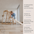 Kind klettert am CLIFF Compact mit Angaben zu Alter, Belastbarkeit, Sicherheit und Platzbedarf