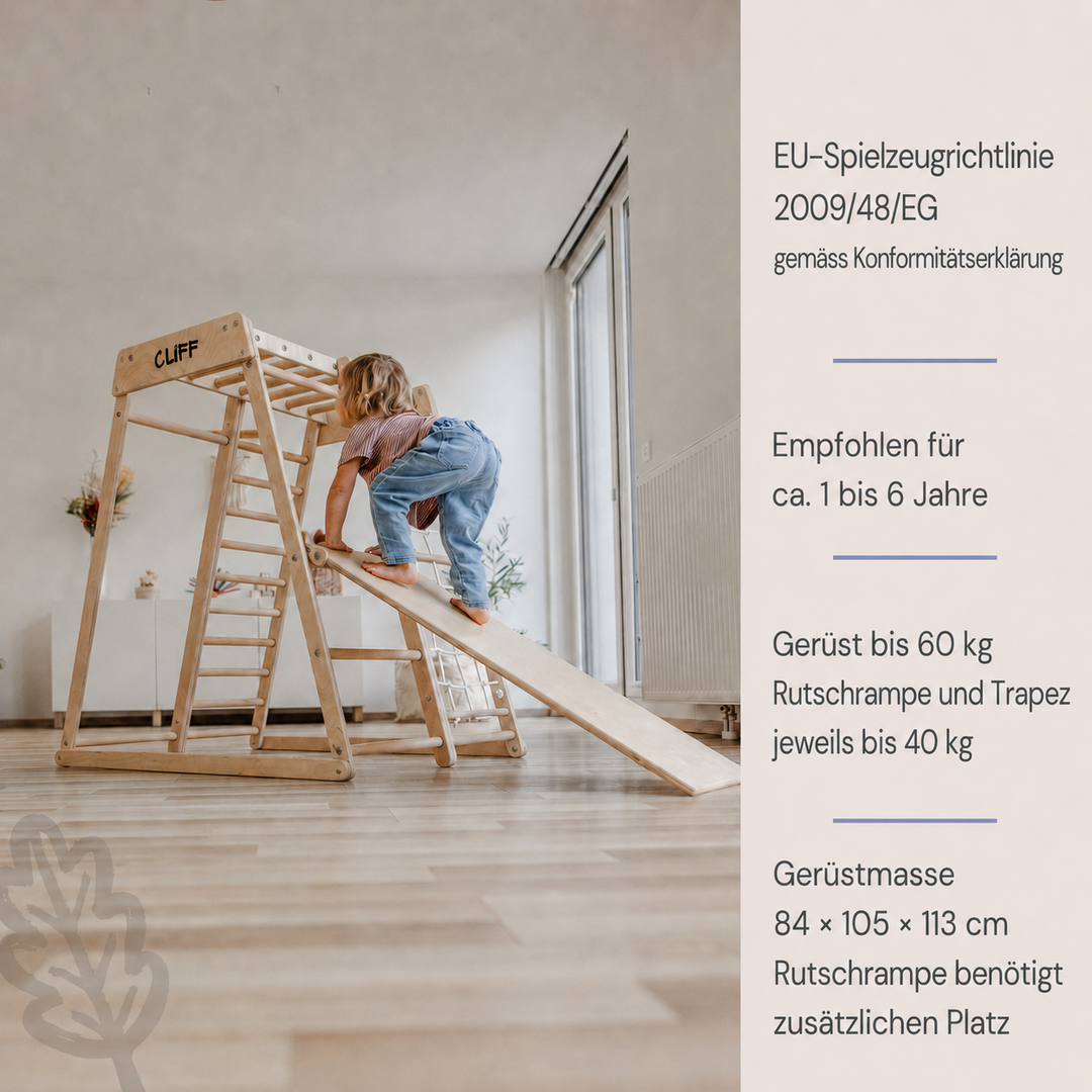 Kind klettert am CLIFF Compact mit Angaben zu Alter, Belastbarkeit, Sicherheit und Platzbedarf